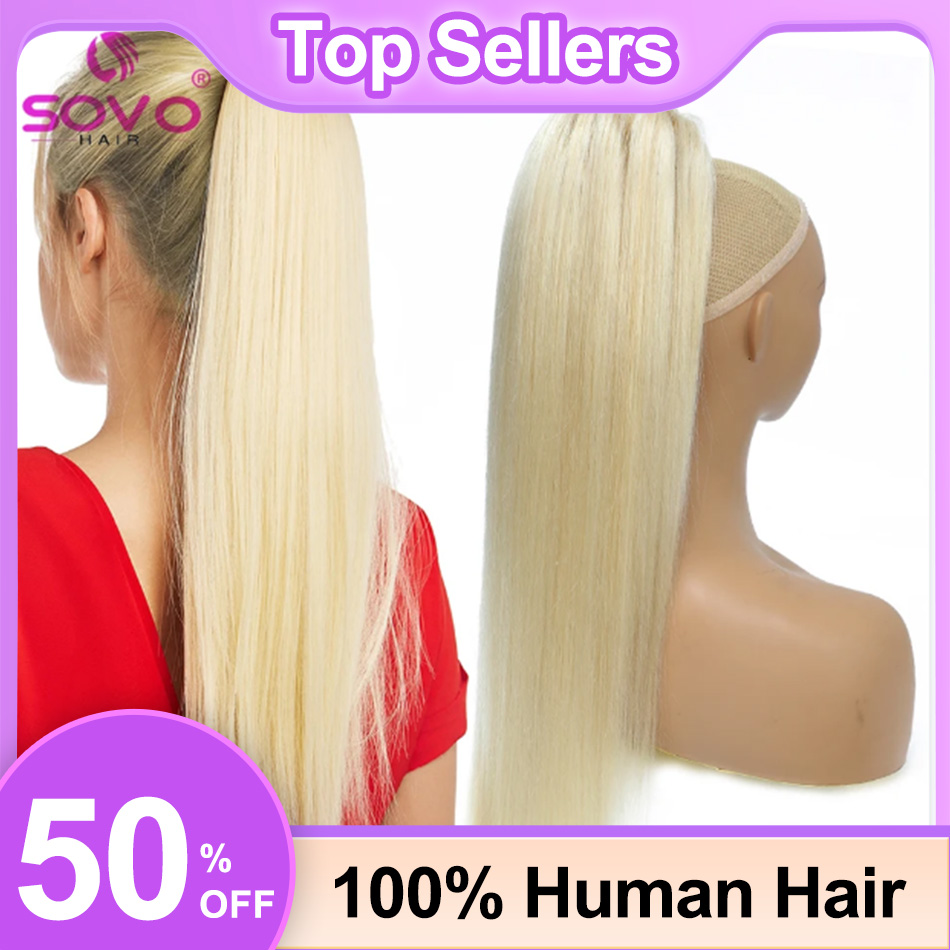 Clip In Hair Piece - SOVO Drawstring Ponytail Human Hair Straight